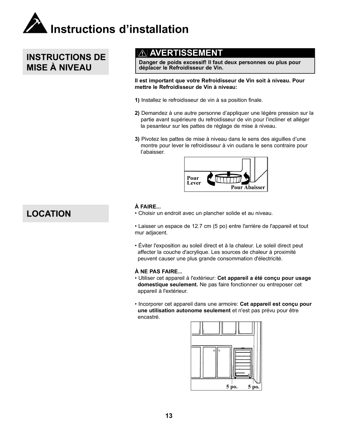 Danby DWC93BLSDB manual Instructions d’installation, Instructions DE Mise À Niveau, NE PAS Faire 