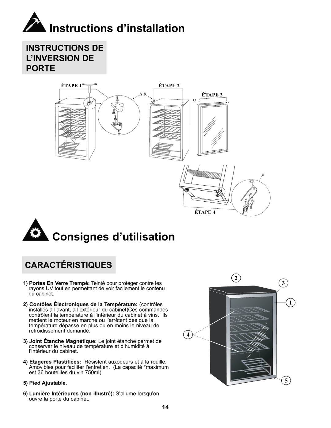 Danby DWC93BLSDB manual Porte, Pied Ajustable 