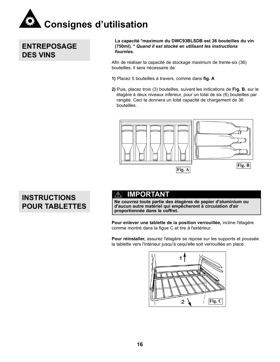 Danby DWC93BLSDB manual Entreposage DES Vins, Instructions Pour Tablettes 