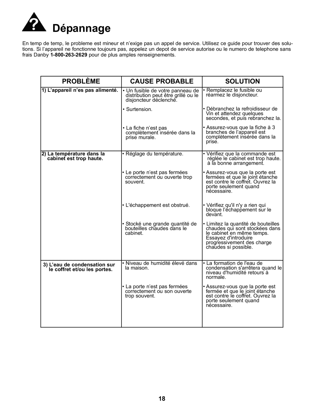 Danby DWC93BLSDB manual Dépannage, ’appareil n’es pas alimenté, La température dans la, Cabinet est trop haute 