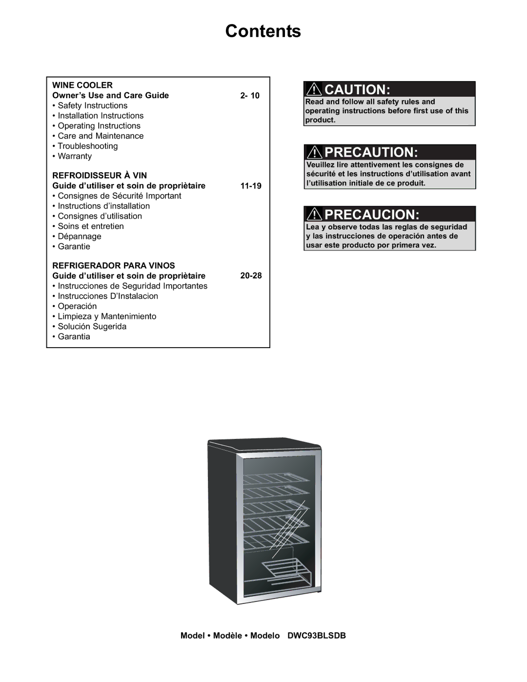 Danby DWC93BLSDB manual Contents 