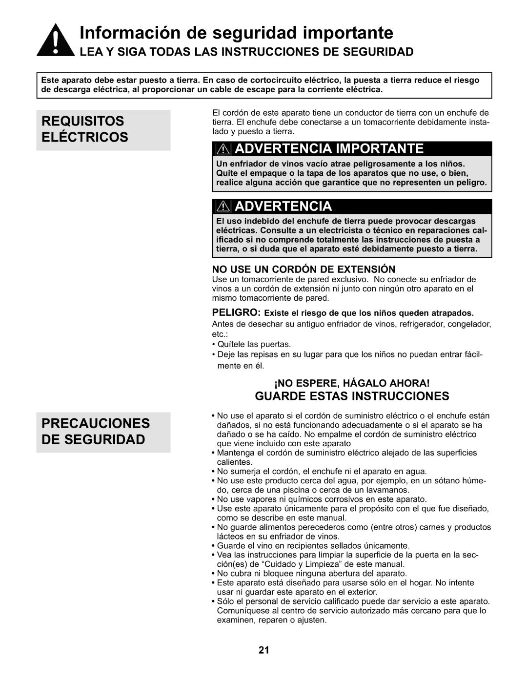 Danby DWC93BLSDB manual Información de seguridad importante, Requisitos Eléctricos, Advertencia Importante 