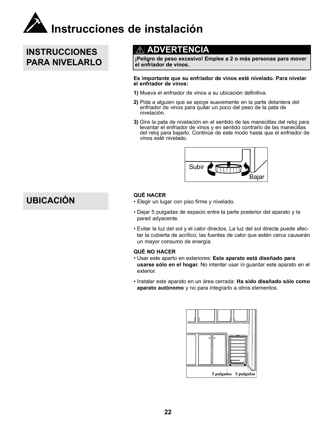 Danby DWC93BLSDB manual Instrucciones de instalación, Instrucciones Para Nivelarlo Ubicación, QUÉ Hacer, QUÉ no Hacer 