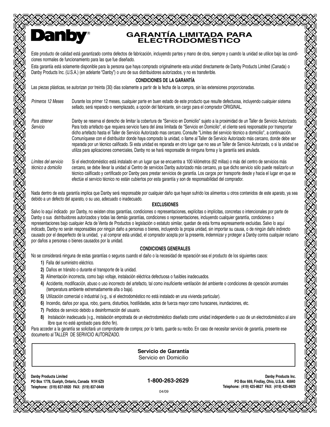 Danby DWC93BLSDB manual Garantía Limitada Para Electrodoméstico 