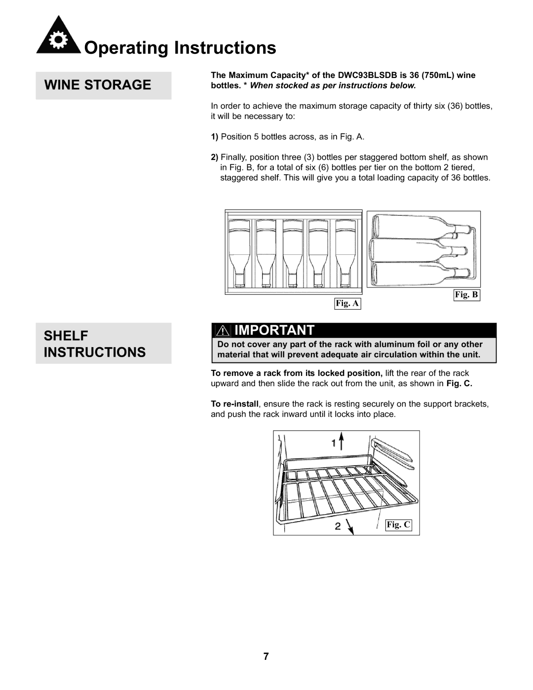 Danby DWC93BLSDB manual Wine Storage, Shelf Instructions 