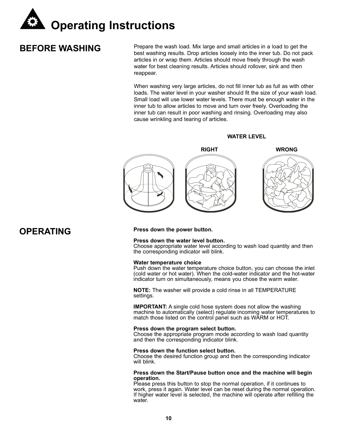 Danby DWM17WDB manual Before Washing Operating, Water temperature choice, Press down the program select button 