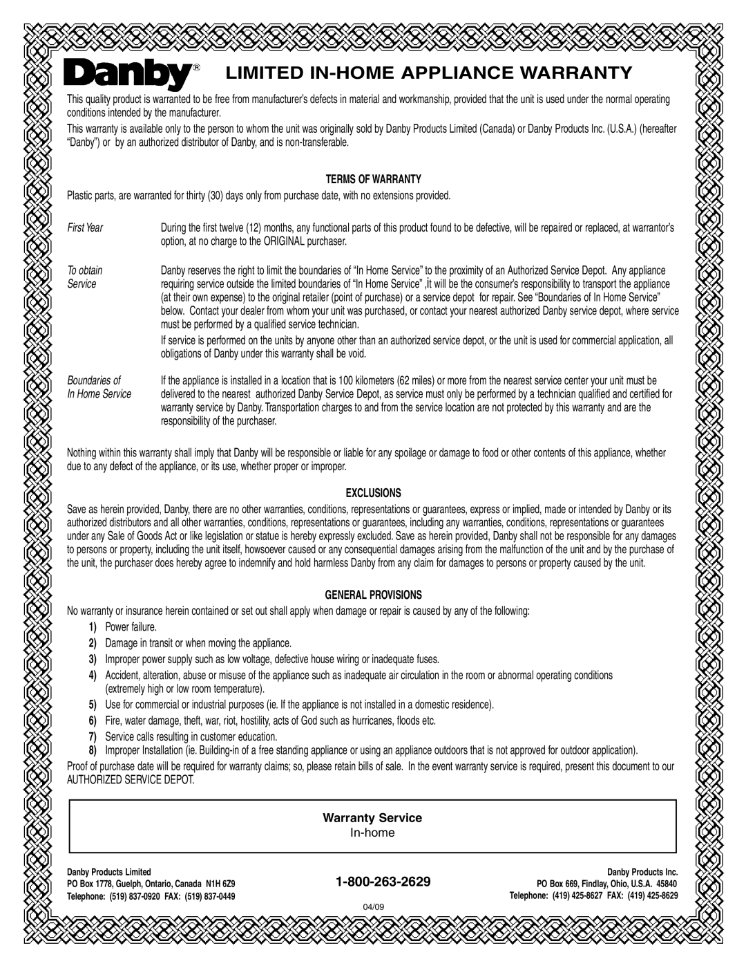 Danby DWM17WDB manual Limited IN-HOME Appliance Warranty 