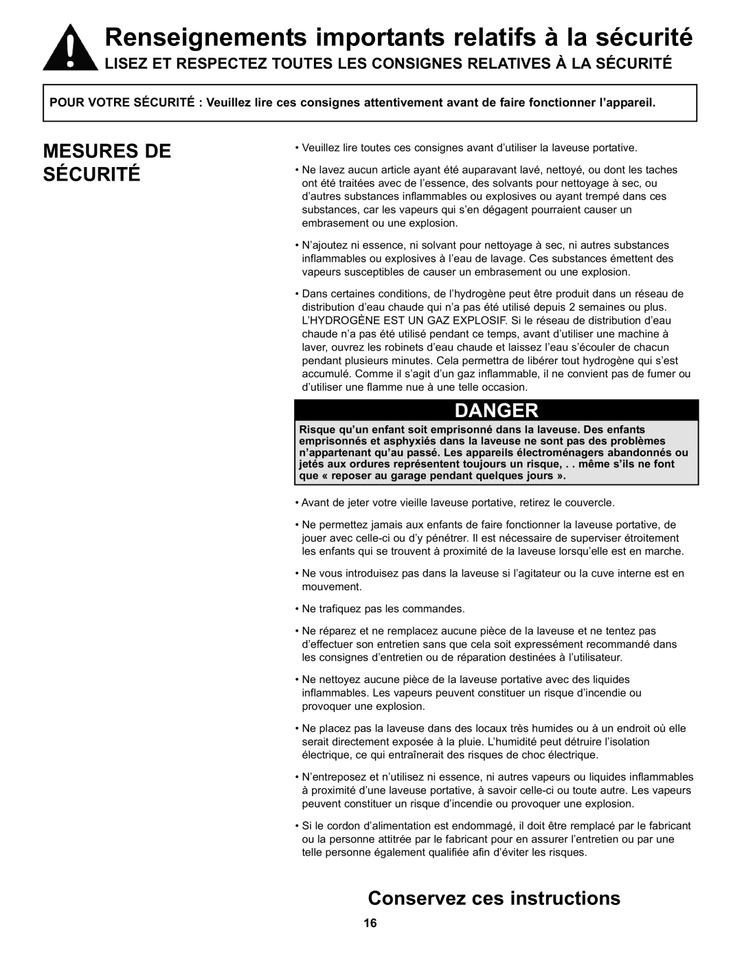 Danby DWM17WDB manual Renseignements importants relatifs à la sécurité, Mesures DE Sécurité 