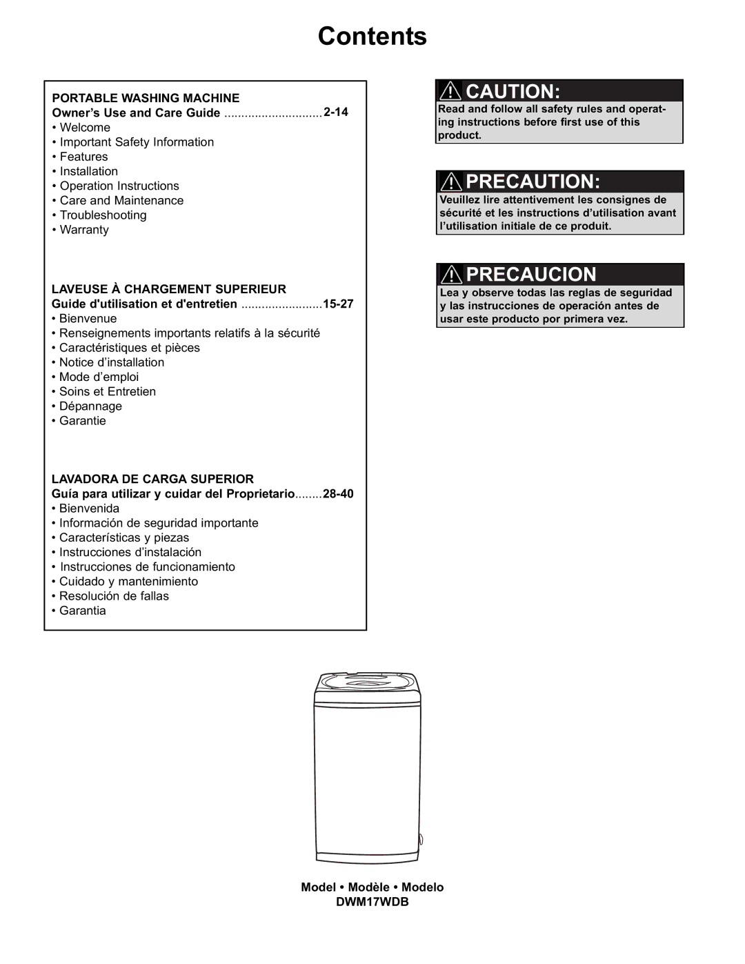 Danby DWM17WDB manual Contents 