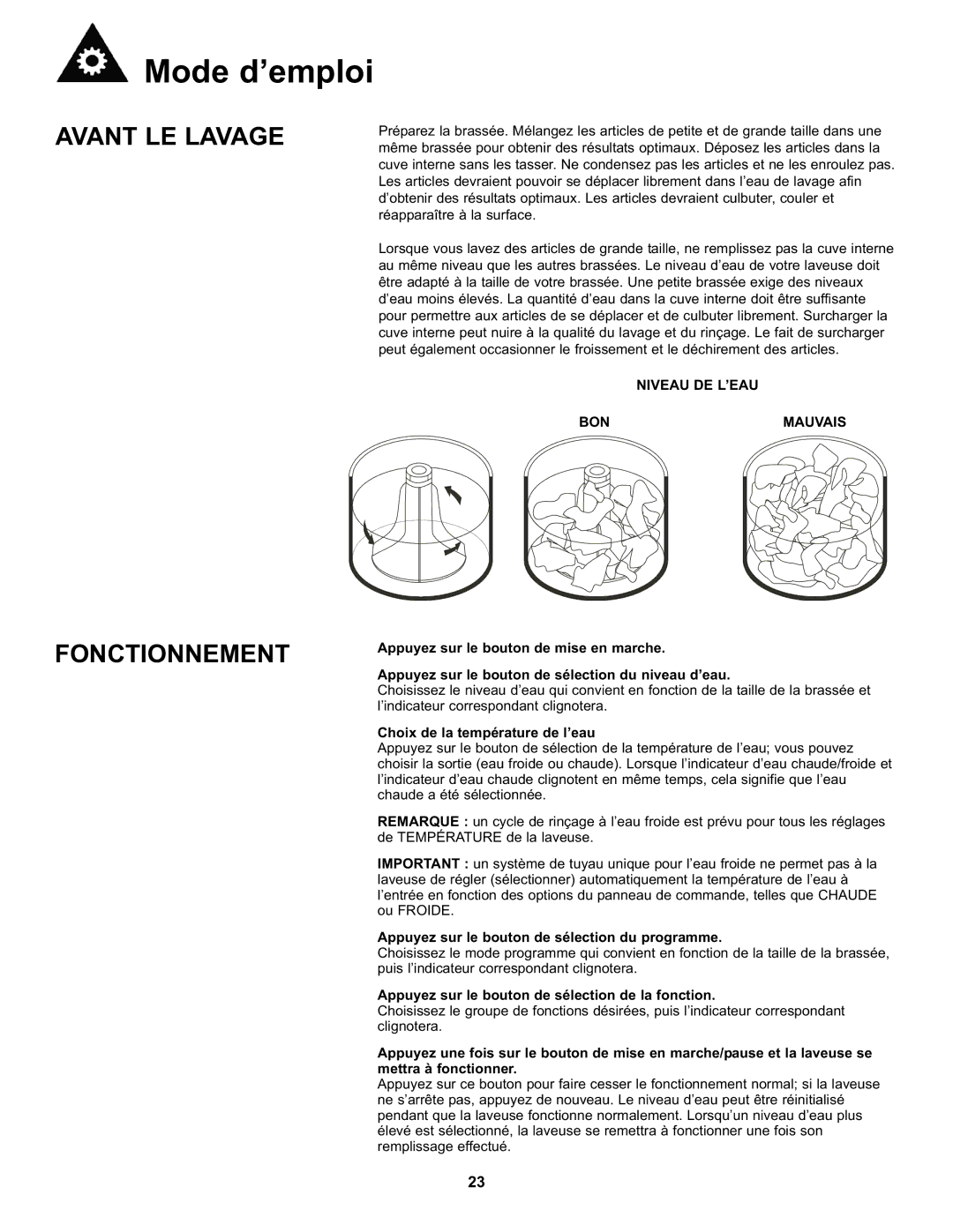 Danby DWM17WDB manual Avant LE Lavage, Fonctionnement, Choix de la température de l’eau 