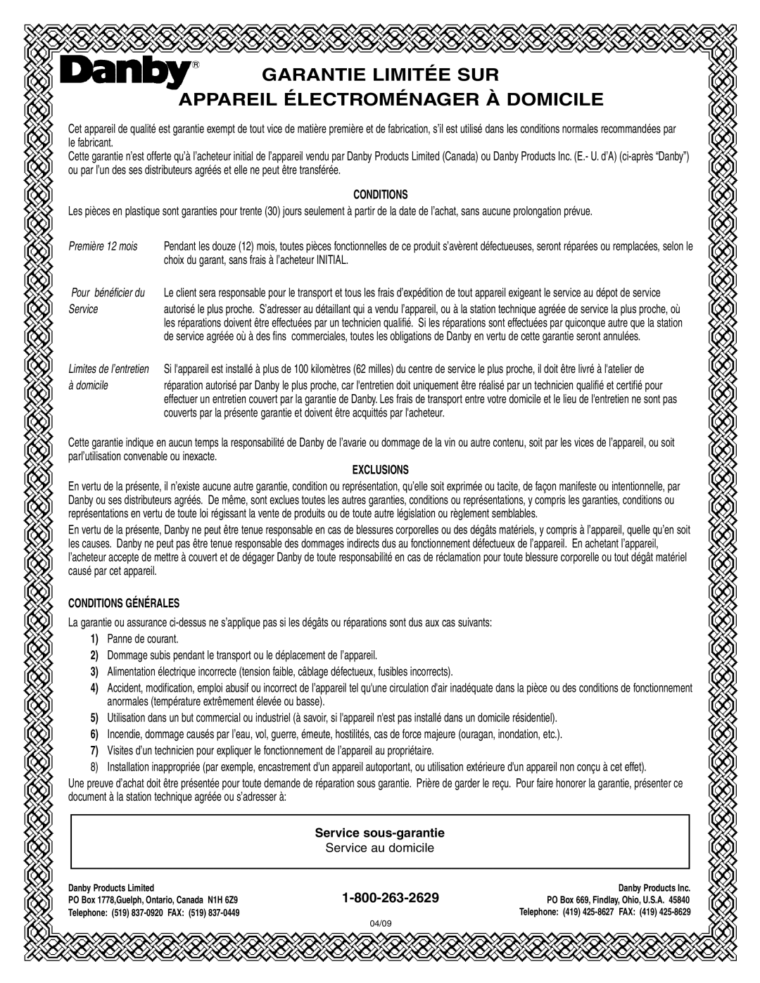 Danby DWM17WDB manual Garantie Limitée SUR Appareil Électroménager À Domicile 