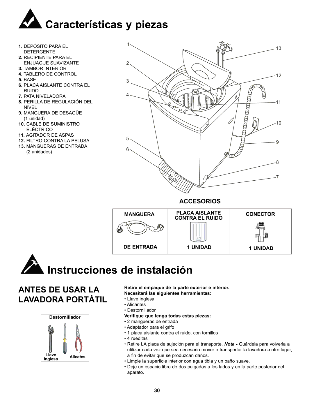 Danby DWM17WDB Características y piezas, Instrucciones de instalación, Antes DE Usar LA Lavadora Portátil, Destornillador 