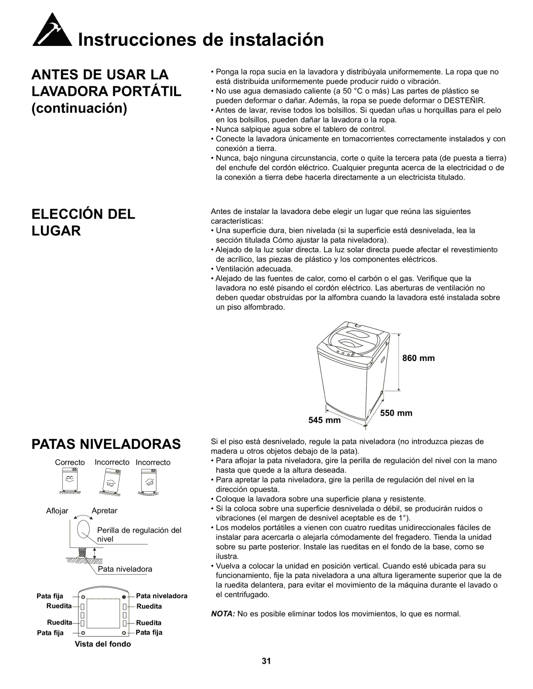 Danby DWM17WDB manual Elección DEL Lugar, Patas Niveladoras, Vista del fondo 