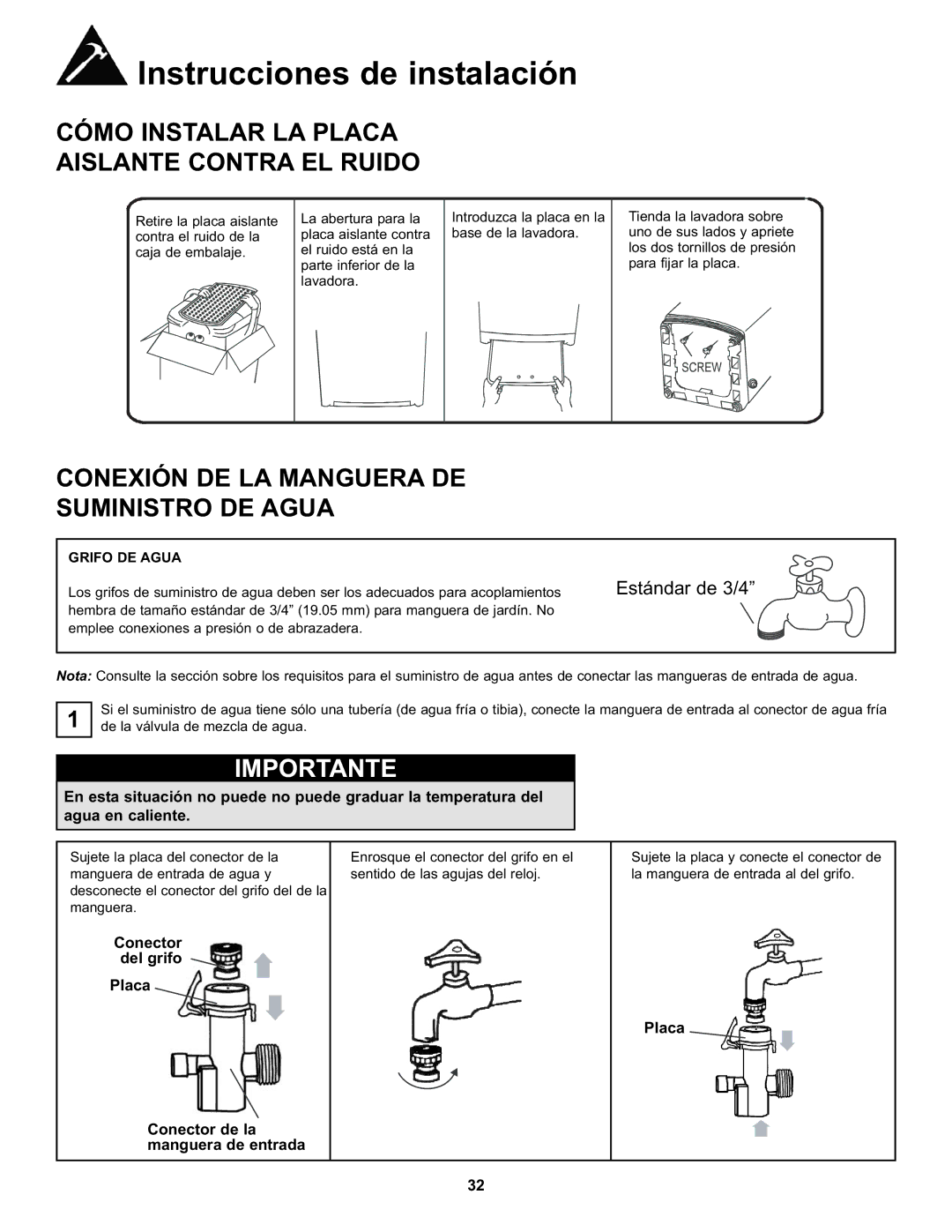 Danby DWM17WDB manual Cómo Instalar LA Placa Aislante Contra EL Ruido, Conexión DE LA Manguera DE Suministro DE Agua 