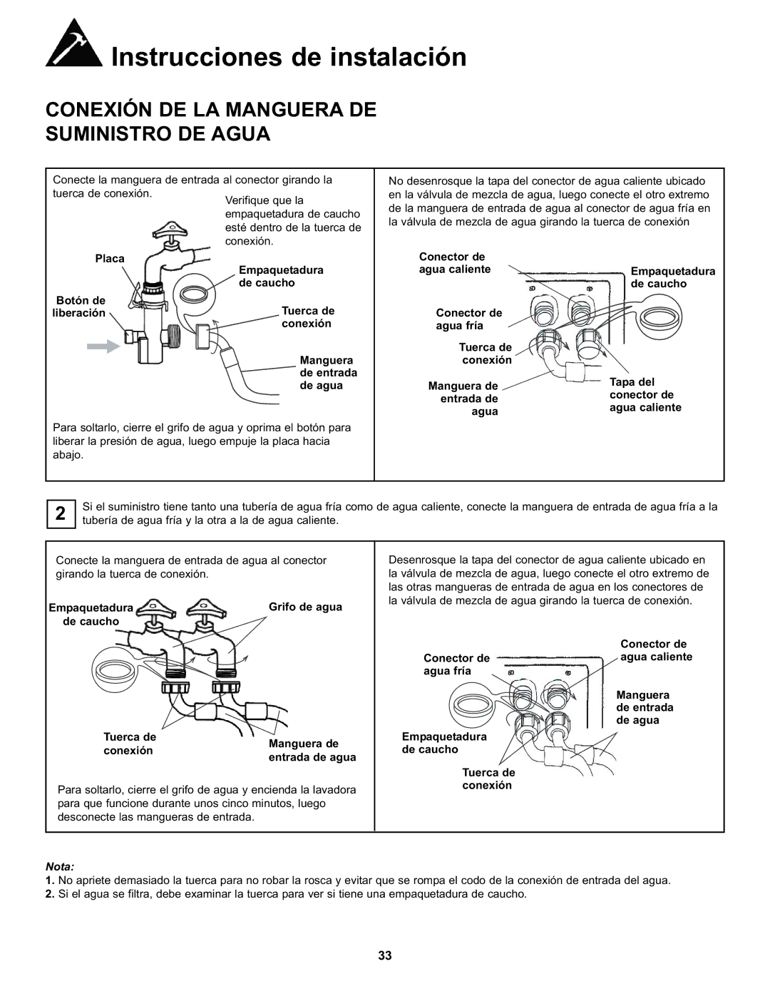 Danby DWM17WDB manual Empaquetadura Grifo de agua De caucho Tuerca de, Tuerca de conexión 