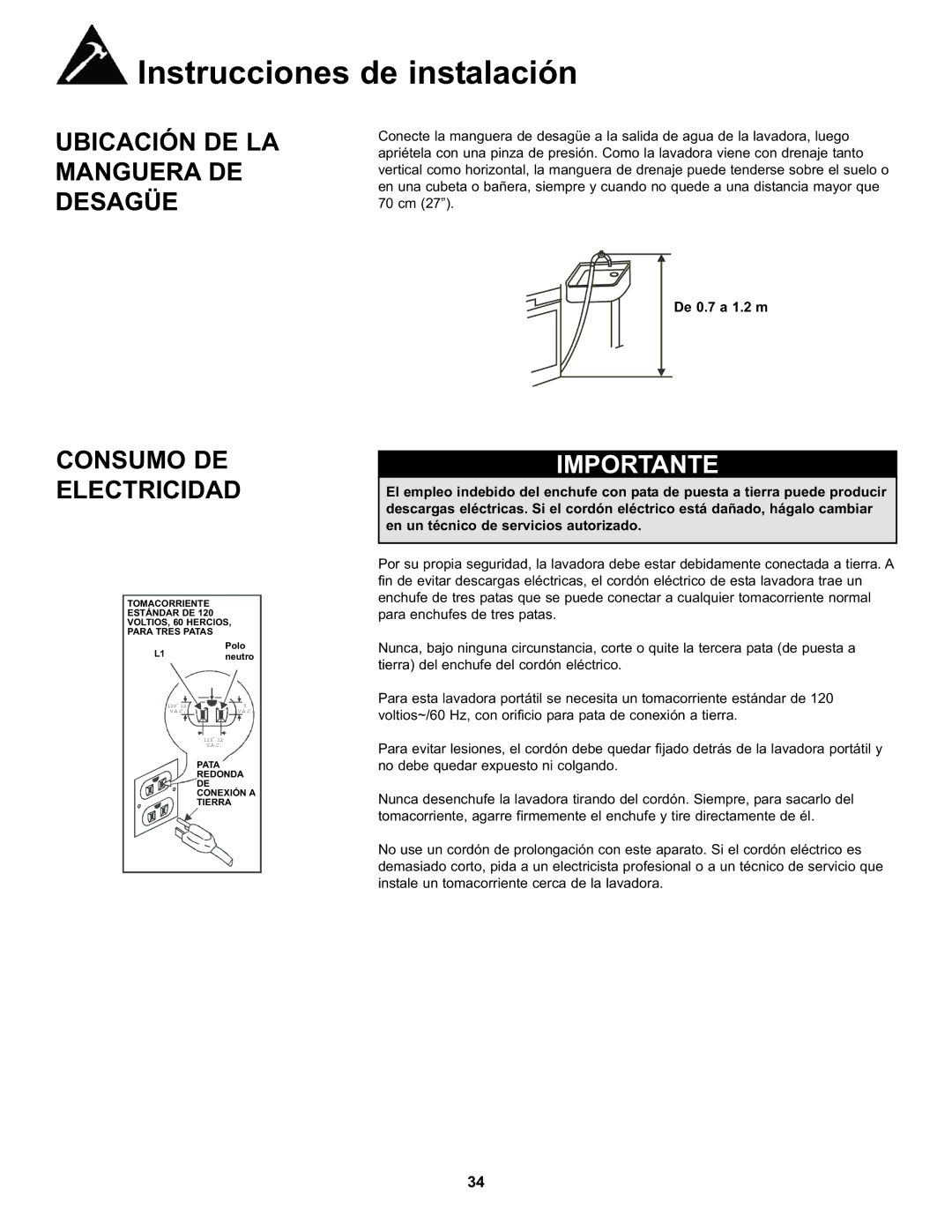 Danby DWM17WDB manual Ubicación DE LA Manguera DE Desagüe Consumo DE Electricidad, De 0.7 a 1.2 m 