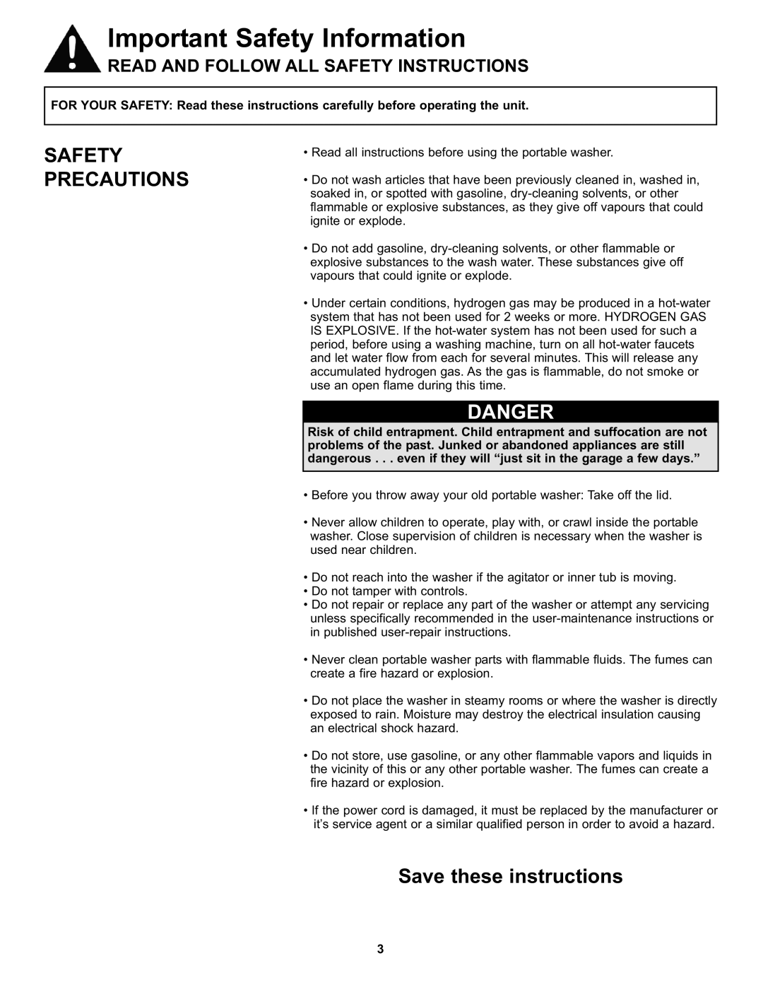 Danby DWM17WDB manual Important Safety Information, Safety Precautions 