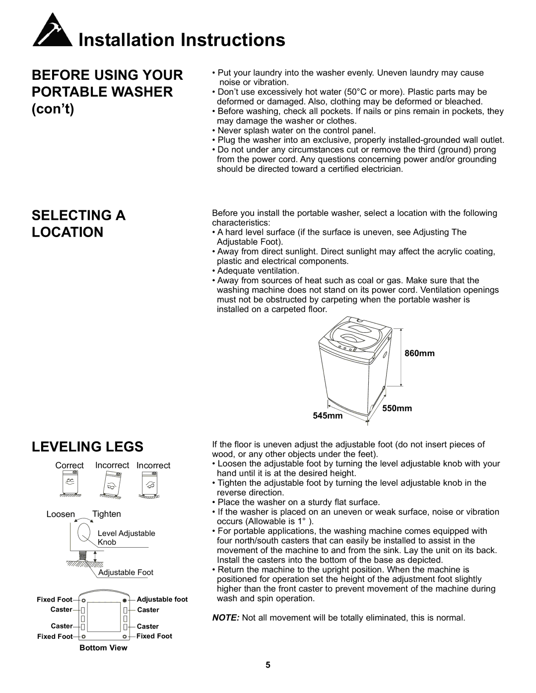 Danby DWM17WDB manual Selecting a Location Leveling Legs, 860mm 550mm 545mm, Bottom View 