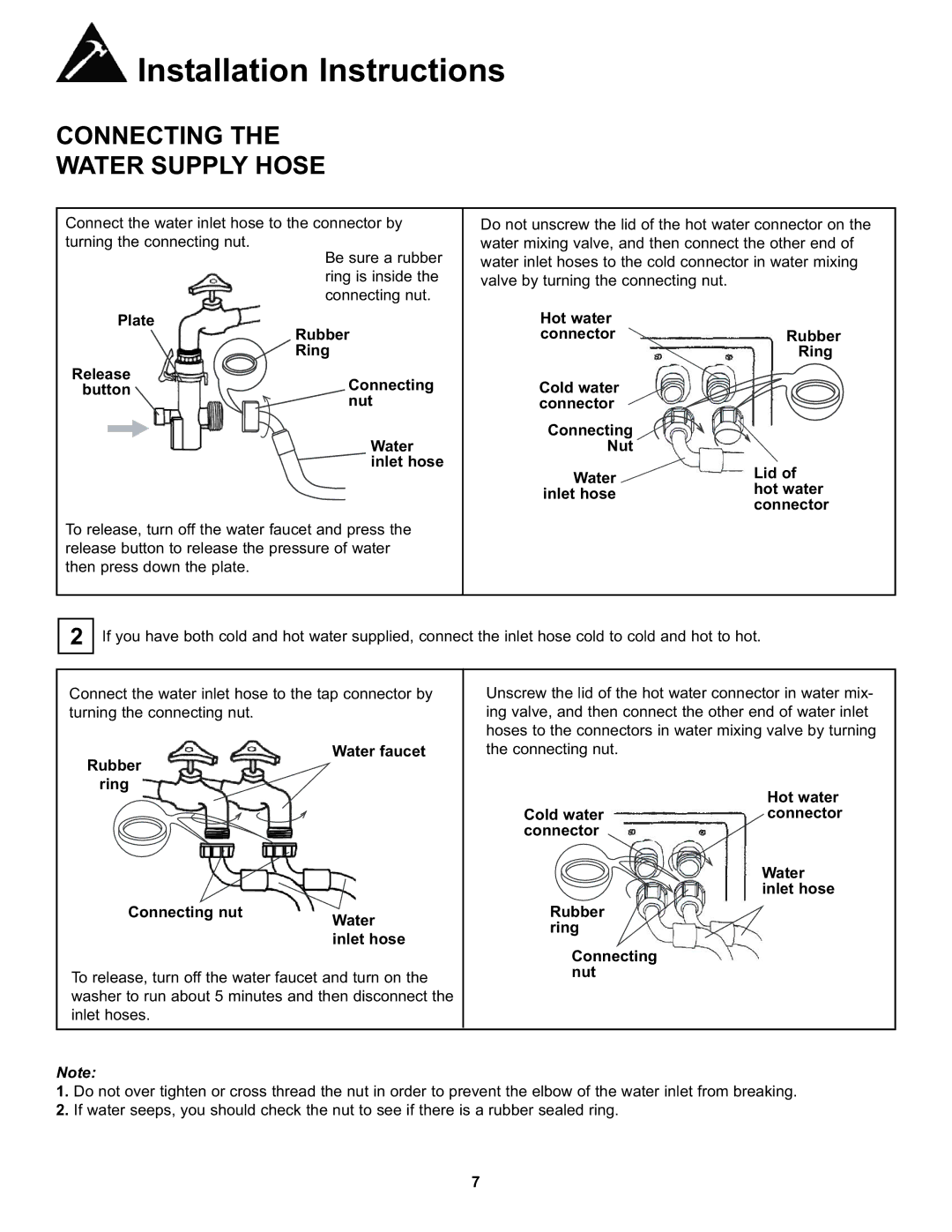 Danby DWM17WDB manual Connecting Water Supply Hose, Plate Release button, Rubber Ring Connecting nut Water inlet hose 