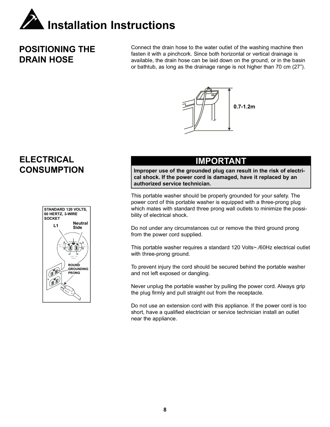 Danby DWM17WDB manual Positioning the Drain Hose Electrical Consumption 