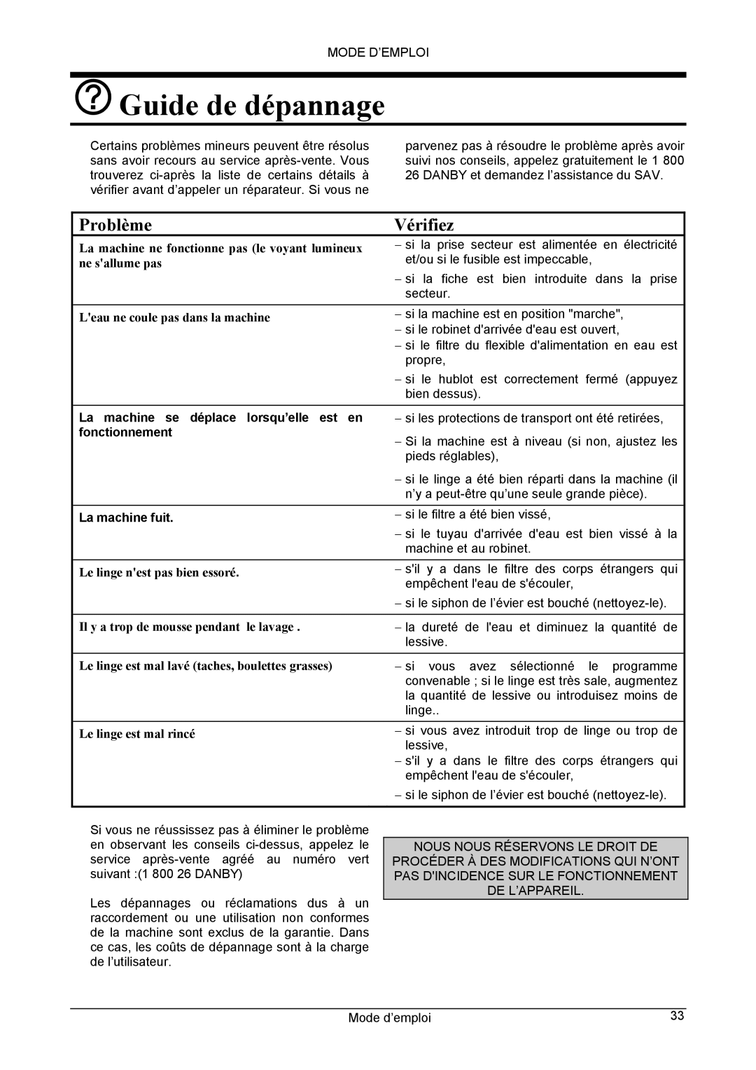 Danby DWM5500W owner manual Guide de dépannage, Problème Vérifiez, La machine se déplace lorsqu’elle est en, Fonctionnement 