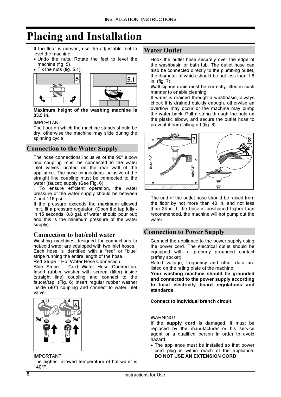 Danby DWM5500W Placing and Installation, Water Outlet, Connection to the Water Supply, Connection to hot/cold water 