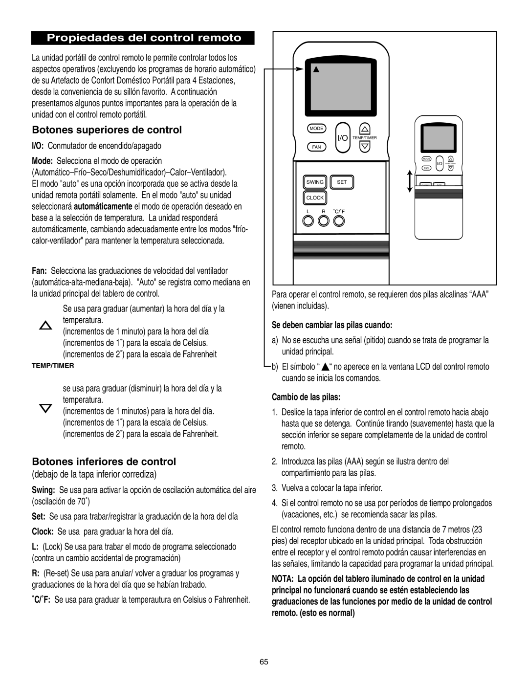 Danby SPAC8499 manual Propiedades del control remoto, Botones superiores de control, Botones inferiores de control 