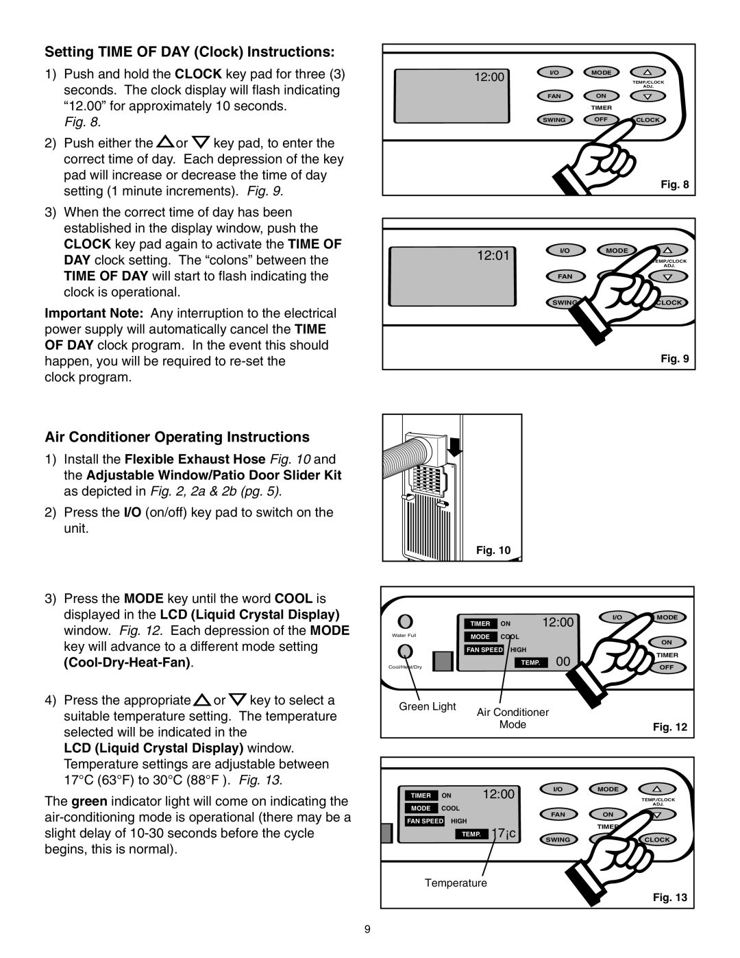 Danby SPAC8499 manual Setting Time of DAY Clock Instructions, Air Conditioner Operating Instructions, 1201, 1200 