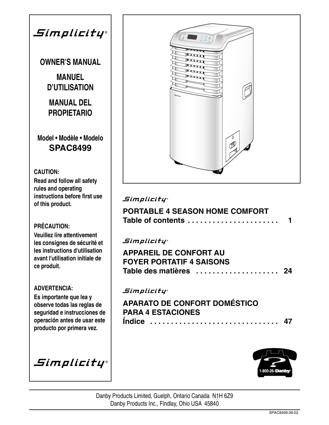 Danby SPAC8499 manual Manuel ’UTILISATION Manual DEL Propietario 