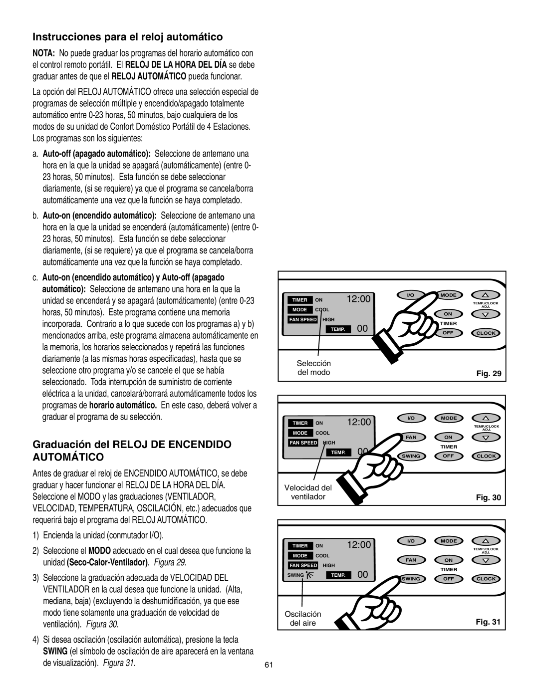 Danby SPAC8499 Instrucciones para el reloj automático, Graduación del Reloj DE Encendido Automático, Selección Del modo 