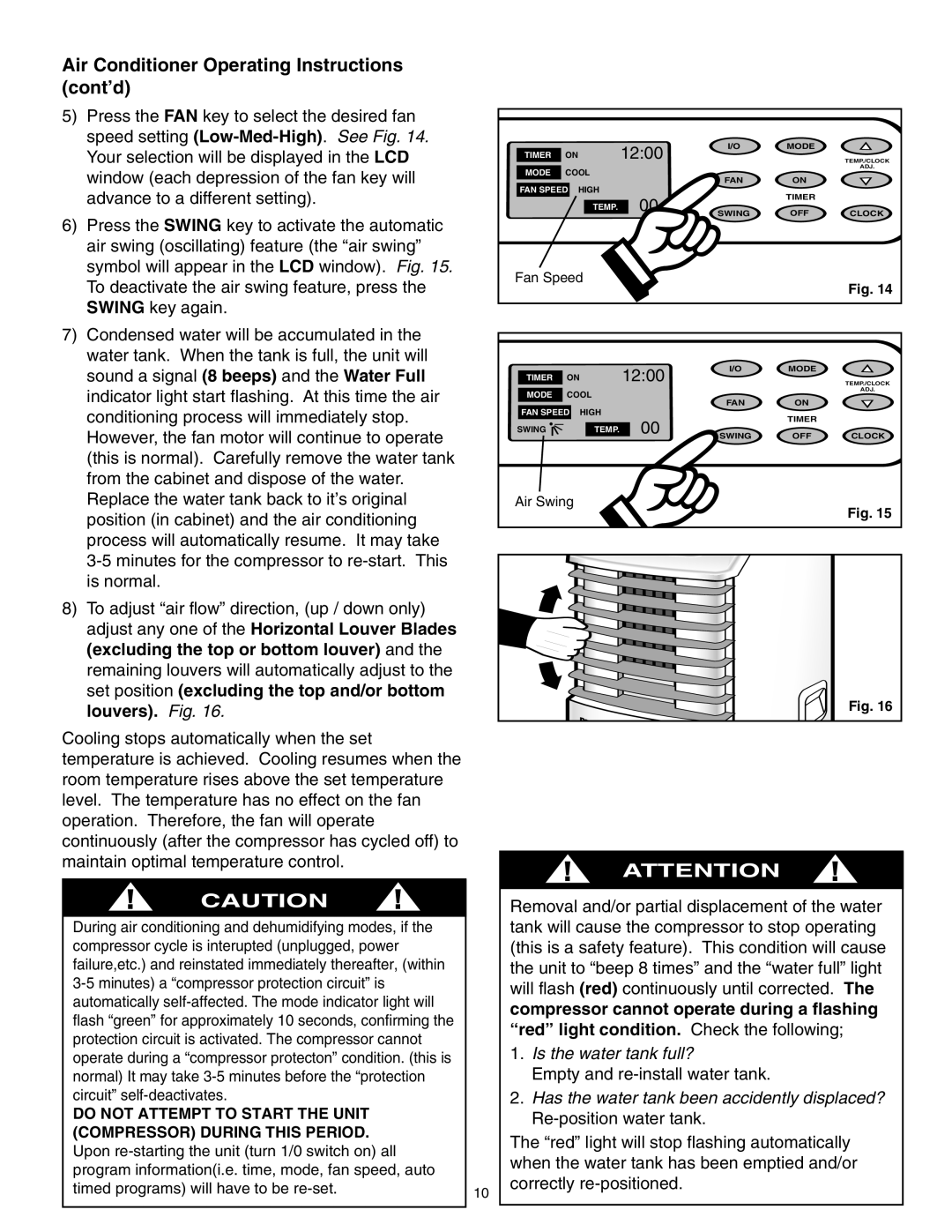 Danby SPAC8499 manual Air Conditioner Operating Instructions cont’d, Excluding the top or bottom louver, Louvers. Fig 