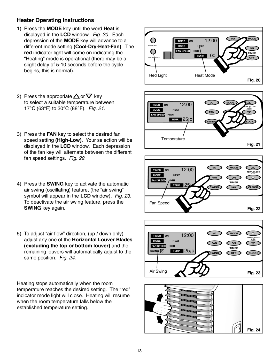 Danby SPAC8499 manual Heater Operating Instructions, Red Light Heat Mode 