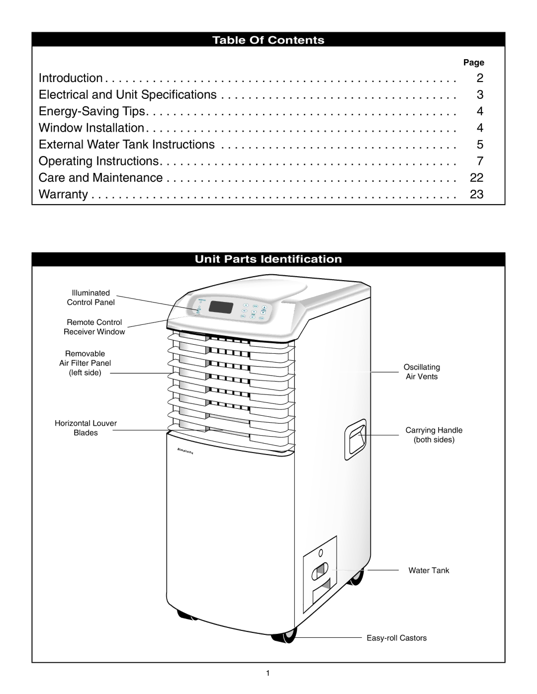 Danby SPAC8499 manual Table Of Contents, Unit Parts Identification 