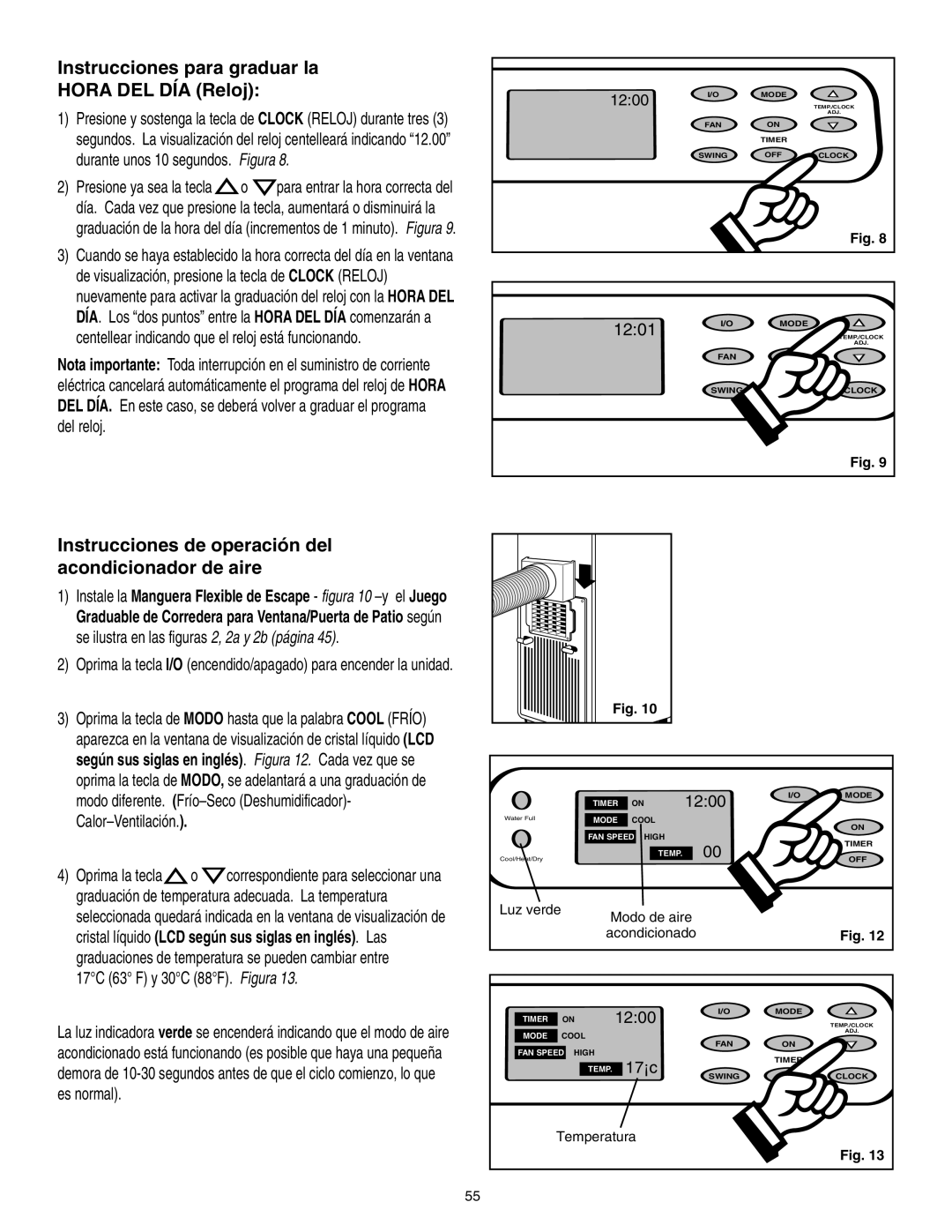 Danby SPAC8499 Instrucciones para graduar la Hora DEL DÍA Reloj, Instrucciones de operación del acondicionador de aire 