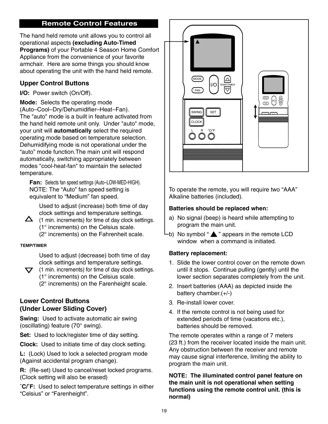 Danby SPAC8499 manual Remote Control Features, Upper Control Buttons, Lower Control Buttons Under Lower Sliding Cover 