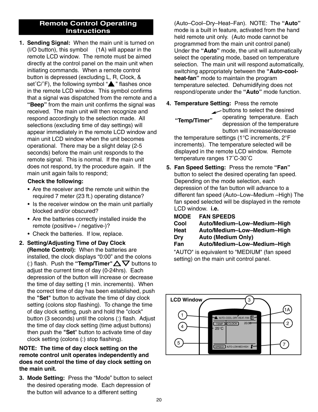 Danby SPAC8499 manual Remote Control Operating Instructions, Temperature Setting Press the remote, Check the following 