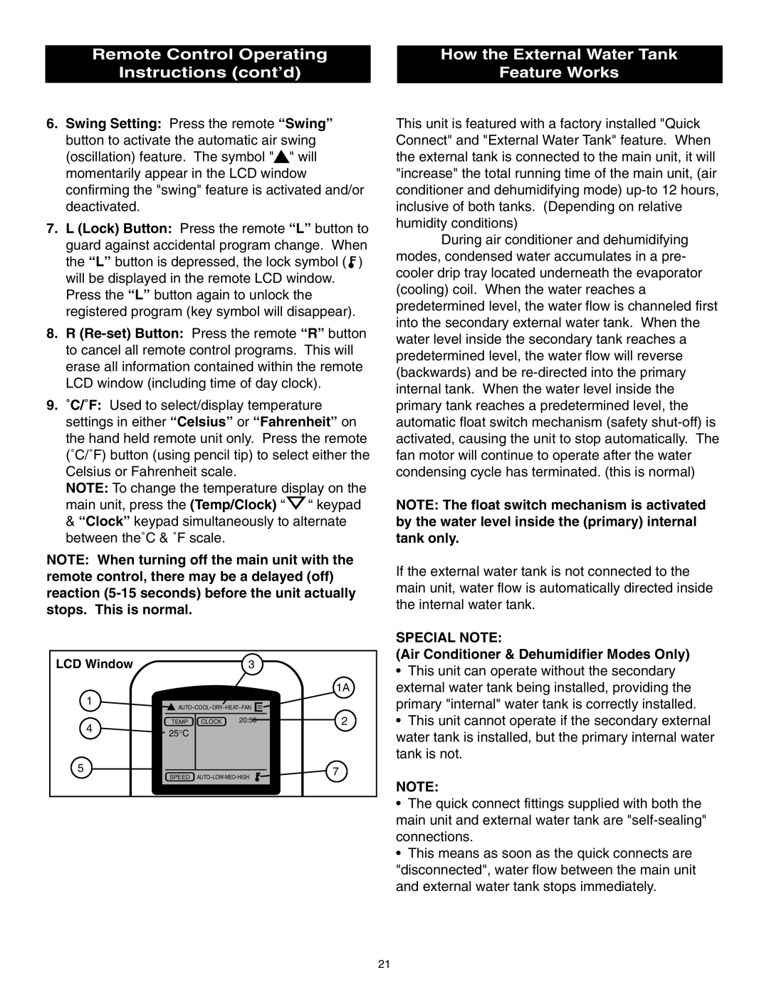 Danby SPAC8499 manual Swing Setting Press the remote Swing, Special Note, Air Conditioner & Dehumidifier Modes Only 