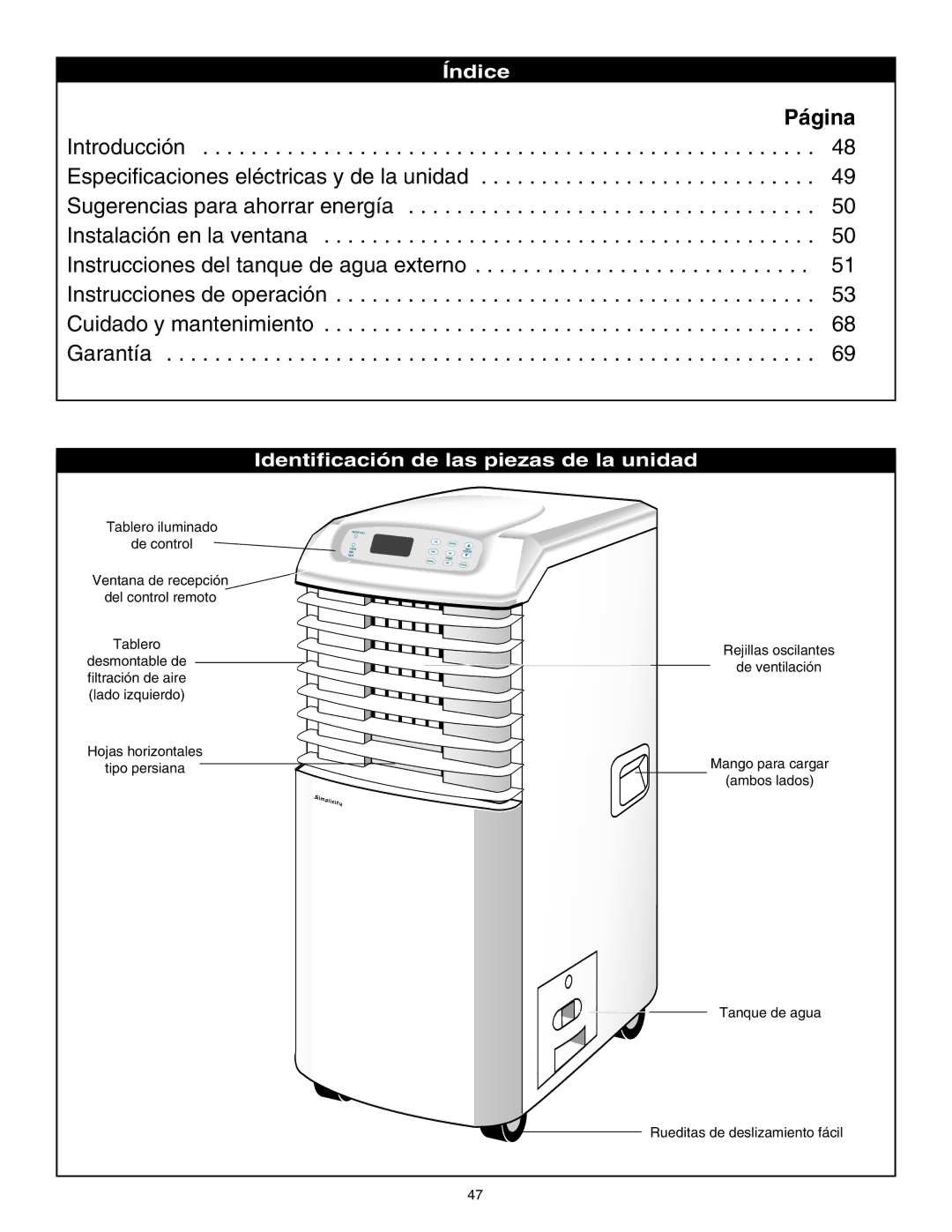 Danby SPAC8499 manual Índice, Identificación de las piezas de la unidad 