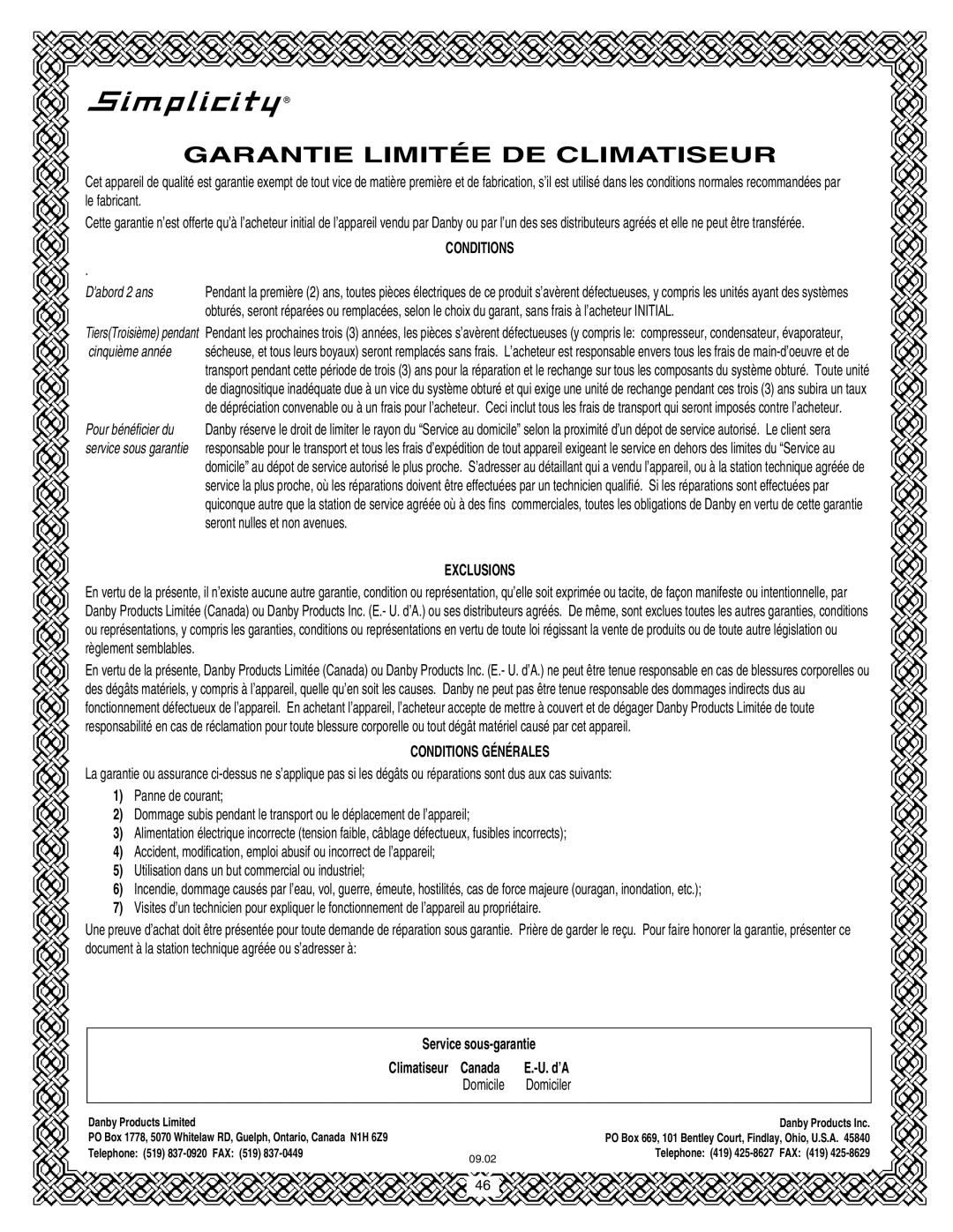 Danby SPAC8499 manual Service sous-garantie, Climatiseur Canada 