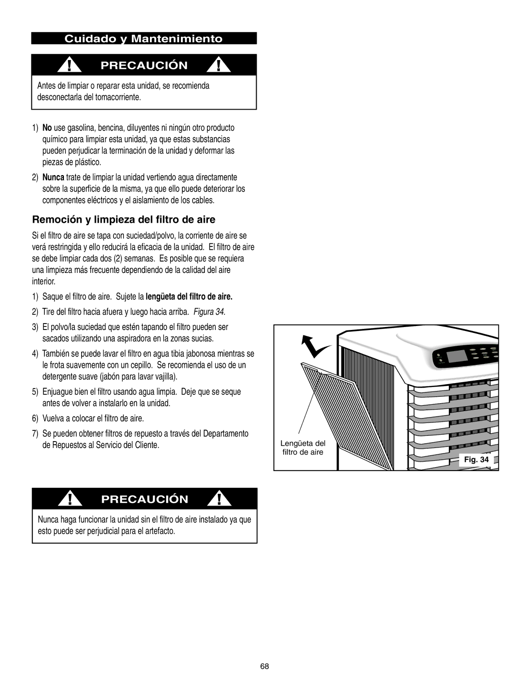 Danby SPAC8499 manual Cuidado y Mantenimiento, Remoción y limpieza del filtro de aire, Vuelva a colocar el filtro de aire 