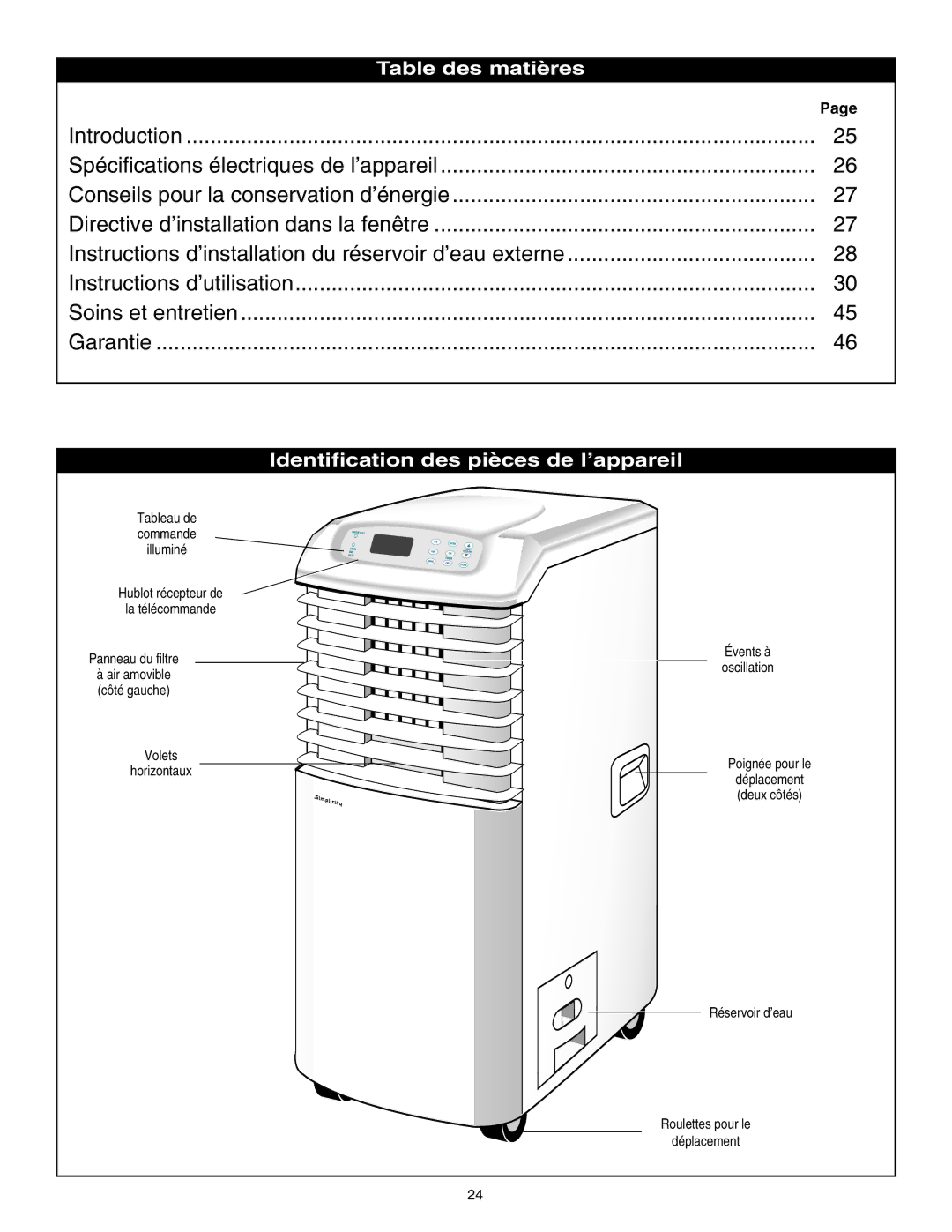 Danby SPAC8499 manual Table des matières, Identification des pièces de l’appareil 