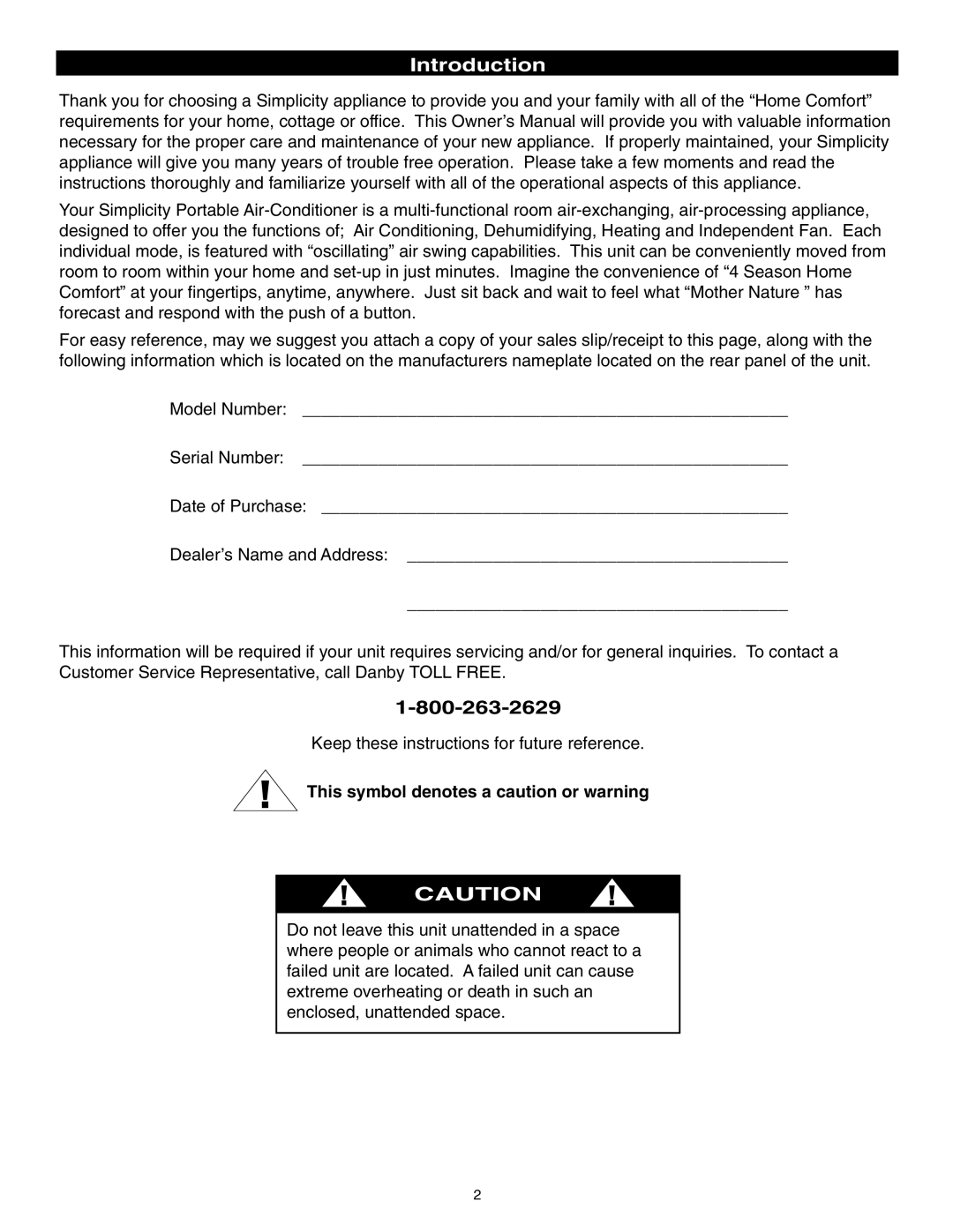 Danby SPAC8499 manual Introduction, This symbol denotes a caution or warning 