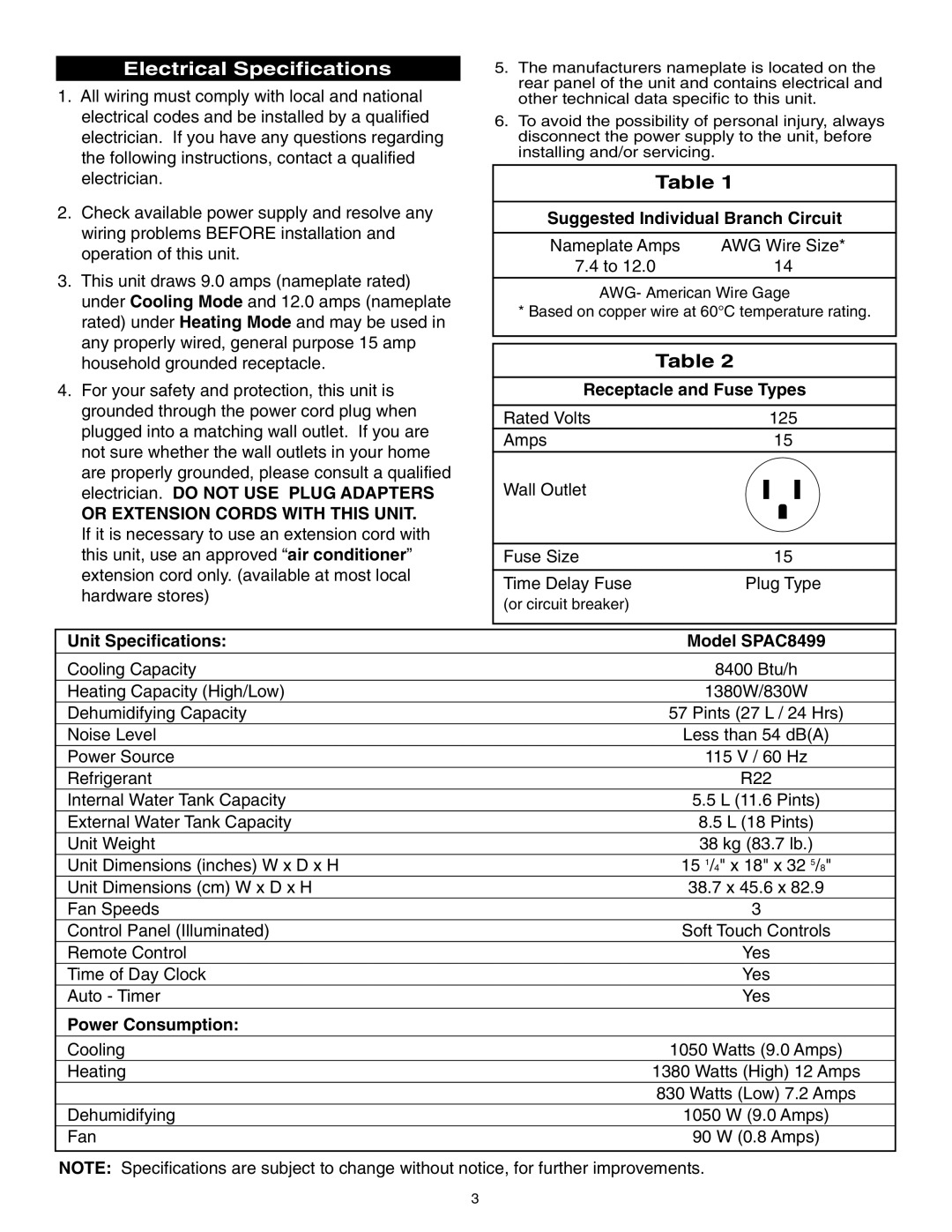 Danby manual Electrical Specifications, Suggested Individual Branch Circuit, Unit Specifications Model SPAC8499 