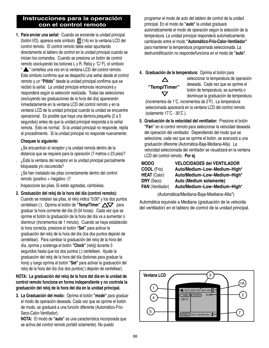 Danby SPAC8499 manual Instrucciones para la operación Con el control remoto, Modo 