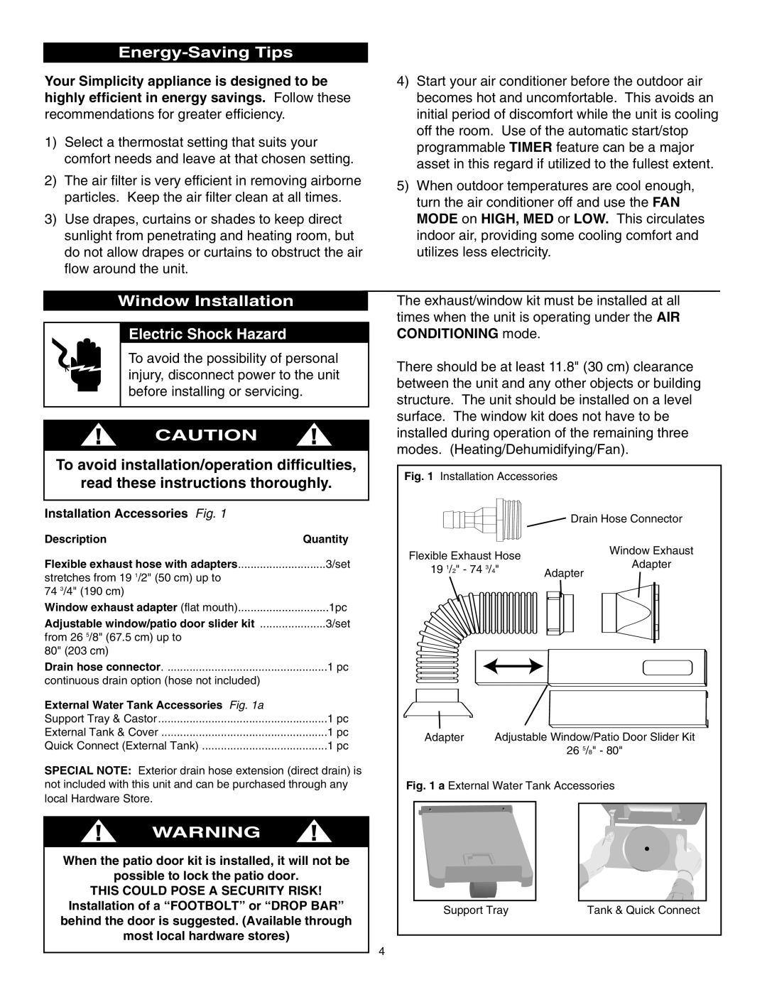 Danby SPAC8499 Energy-SavingTips, Window Installation Electric Shock Hazard, To avoid installation/operation difficulties 