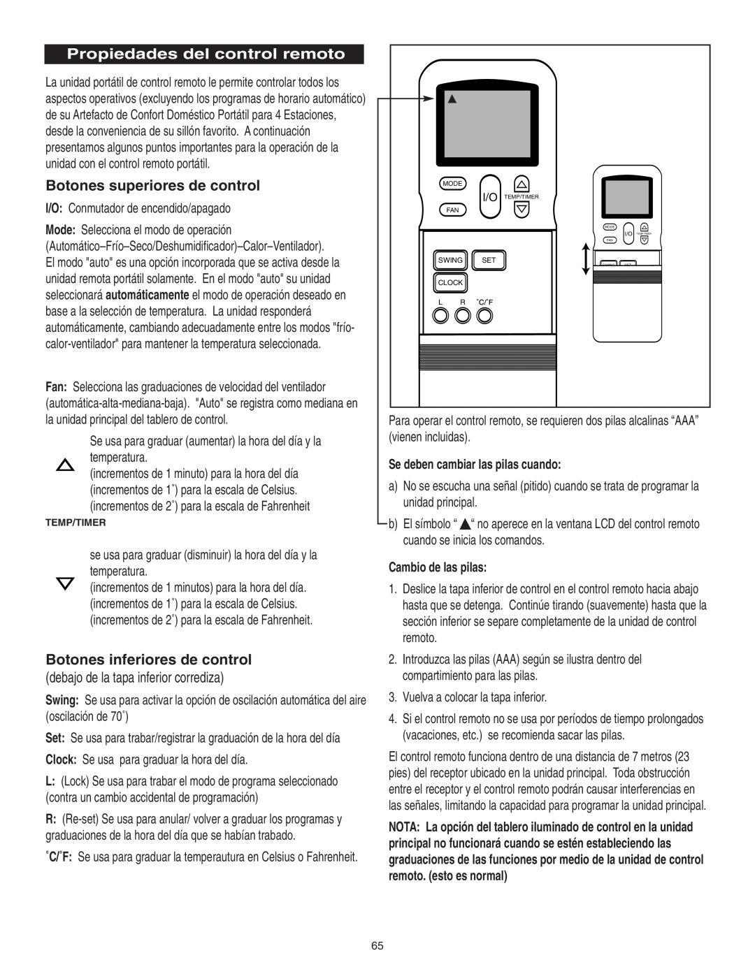 Danby SPAC8499 manual Propiedades del control remoto, Botones superiores de control, Botones inferiores de control 