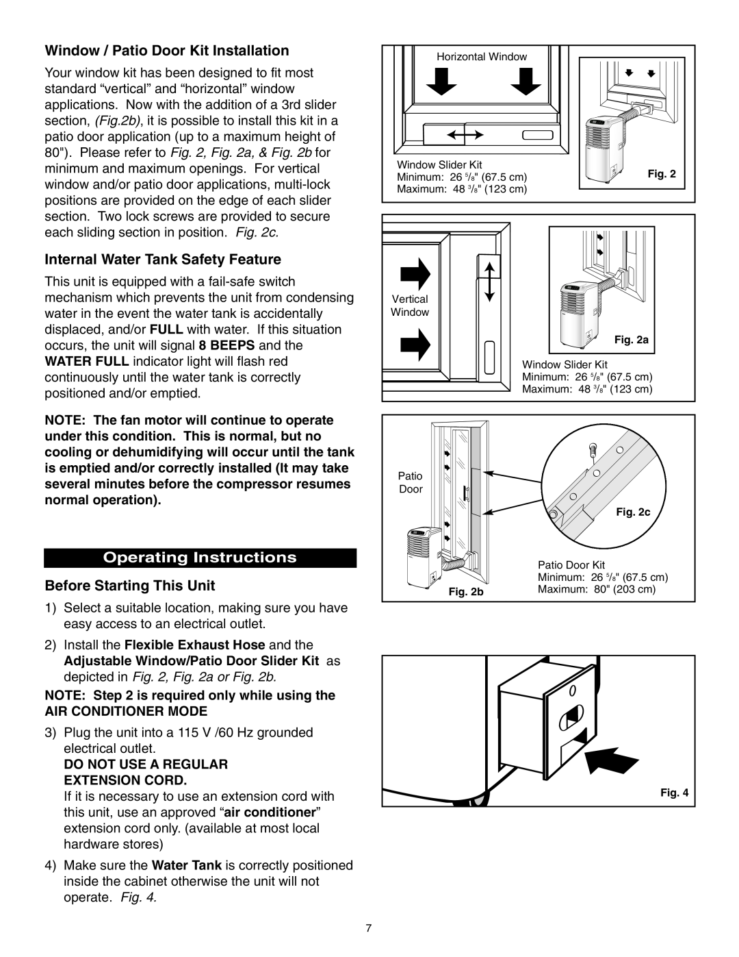 Danby SPAC8499 manual Window / Patio Door Kit Installation, Internal Water Tank Safety Feature, Operating Instructions 