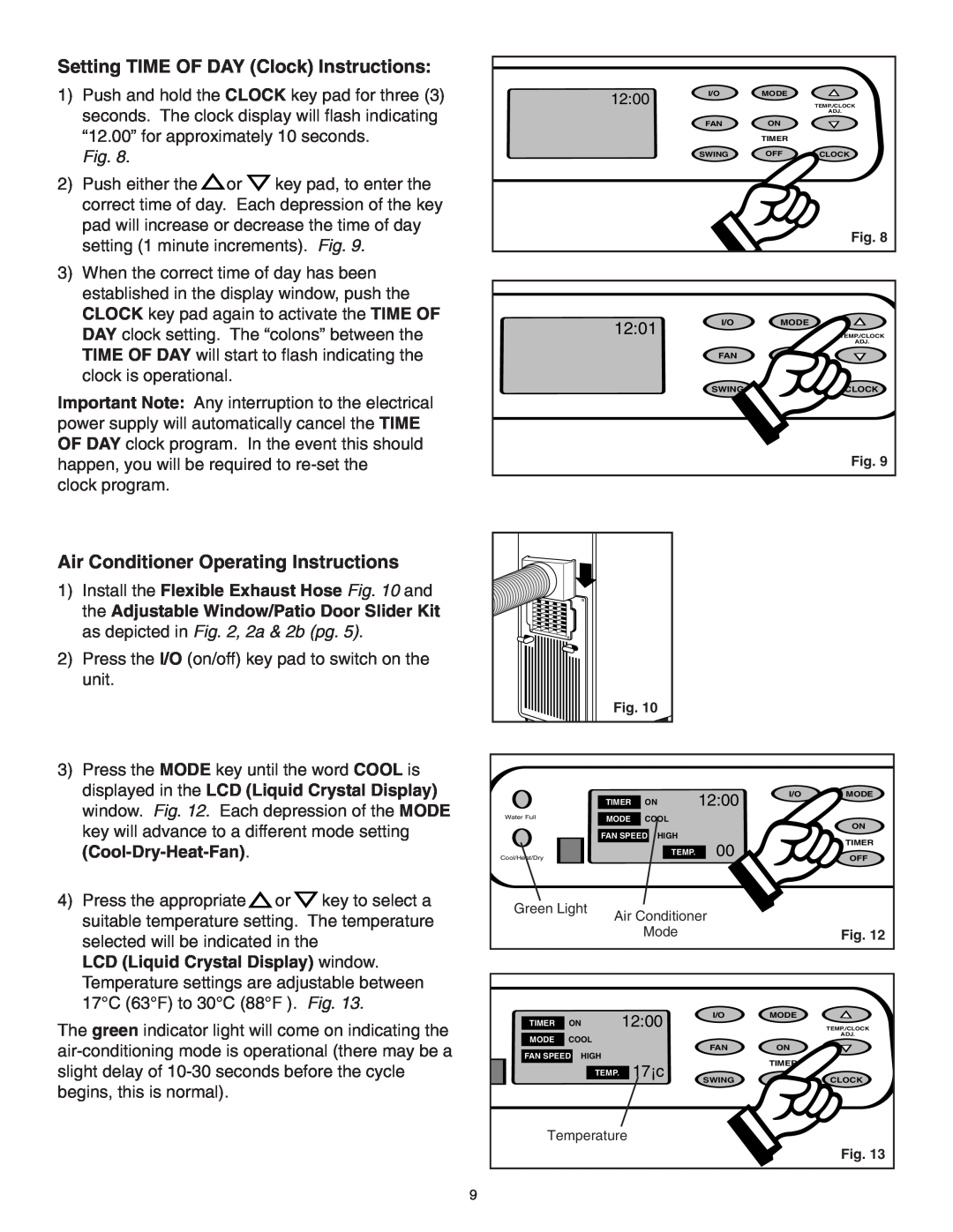 Danby SPAC8499 manual Setting TIME OF DAY Clock Instructions, Air Conditioner Operating Instructions, 12:01 