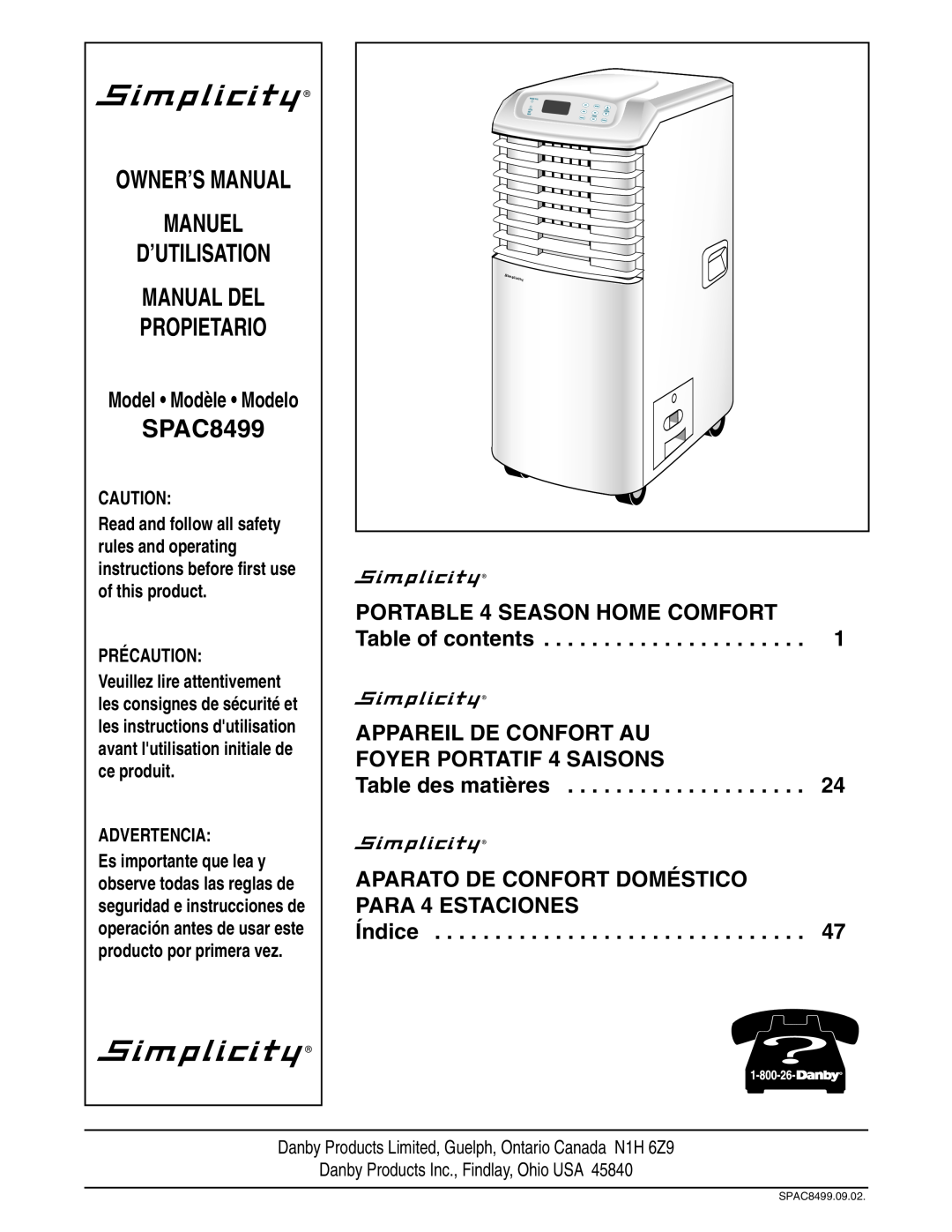 Danby SPAC8499 manual Owner’S Manual Manuel D’Utilisation Manual Del, Propietario 