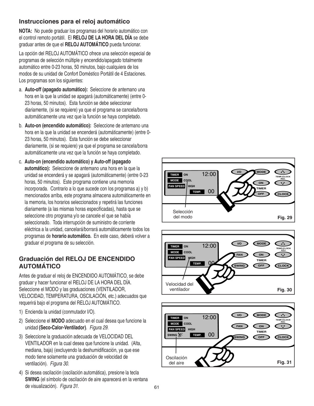 Danby SPAC8499 Instrucciones para el reloj automático, Graduación del RELOJ DE ENCENDIDO AUTOMÁTICO, 12:00, Selección, Fig 
